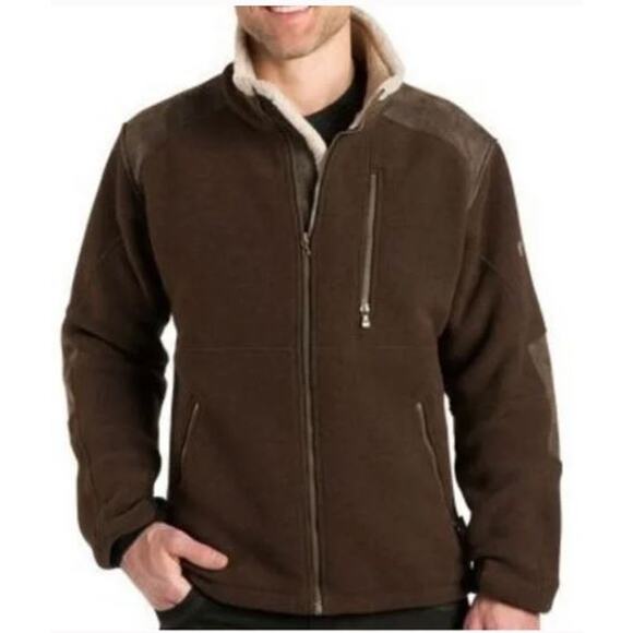 KUHL ALPENWURX Fleece Jacket Brown Full Zip Faux Leather Sherpa Collar Medium - Picture 2 of 10